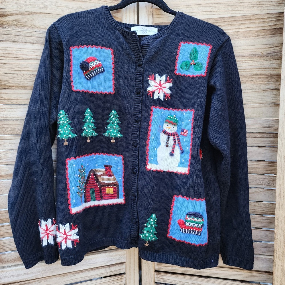Vtg Marisa Christina MEDIUM Navy Ramie Cotton Wool Christmas Cardigan Sweater